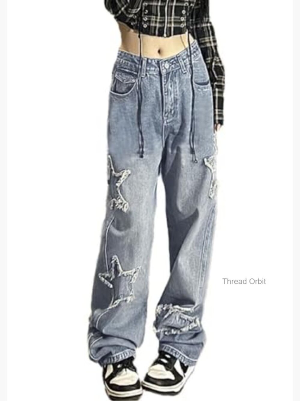 Kids Y2K Baggy Jeans Star Patchwork High Waist Denim Straight Leg - Picture 4 of 5